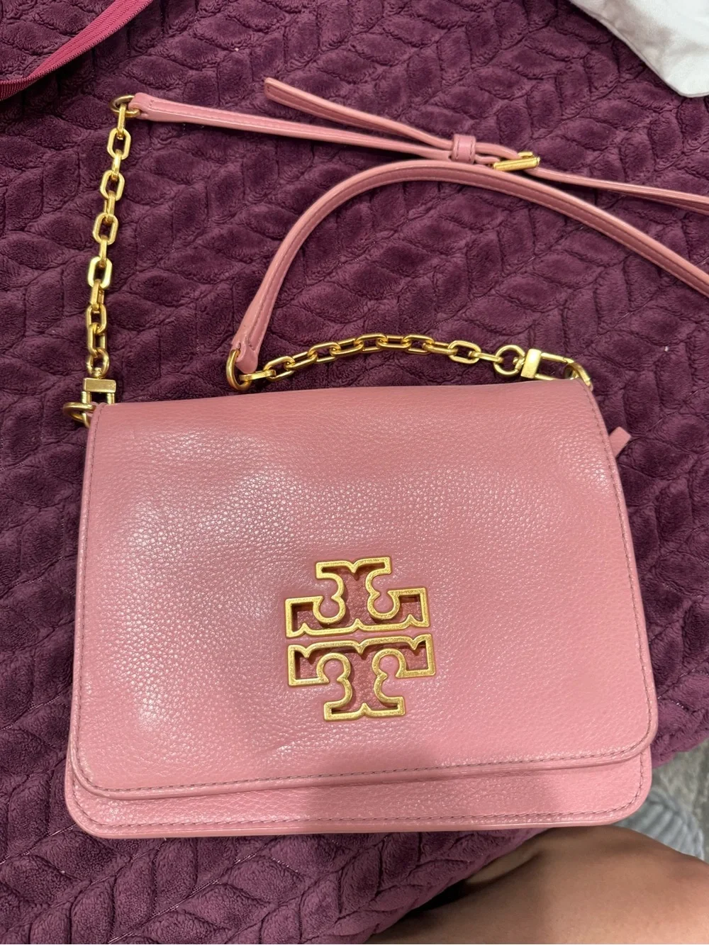 Tory Burch Pink Leather Crossbody Bag with Gold Logo Chain